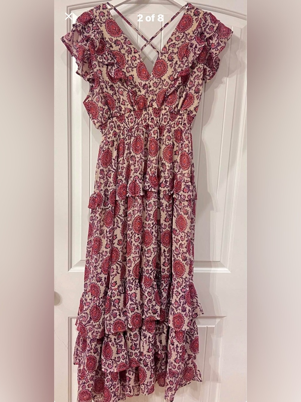 Ladies Size medium- Paisley Tiered Maxi Dress - ruffled V-neck and sleeves and